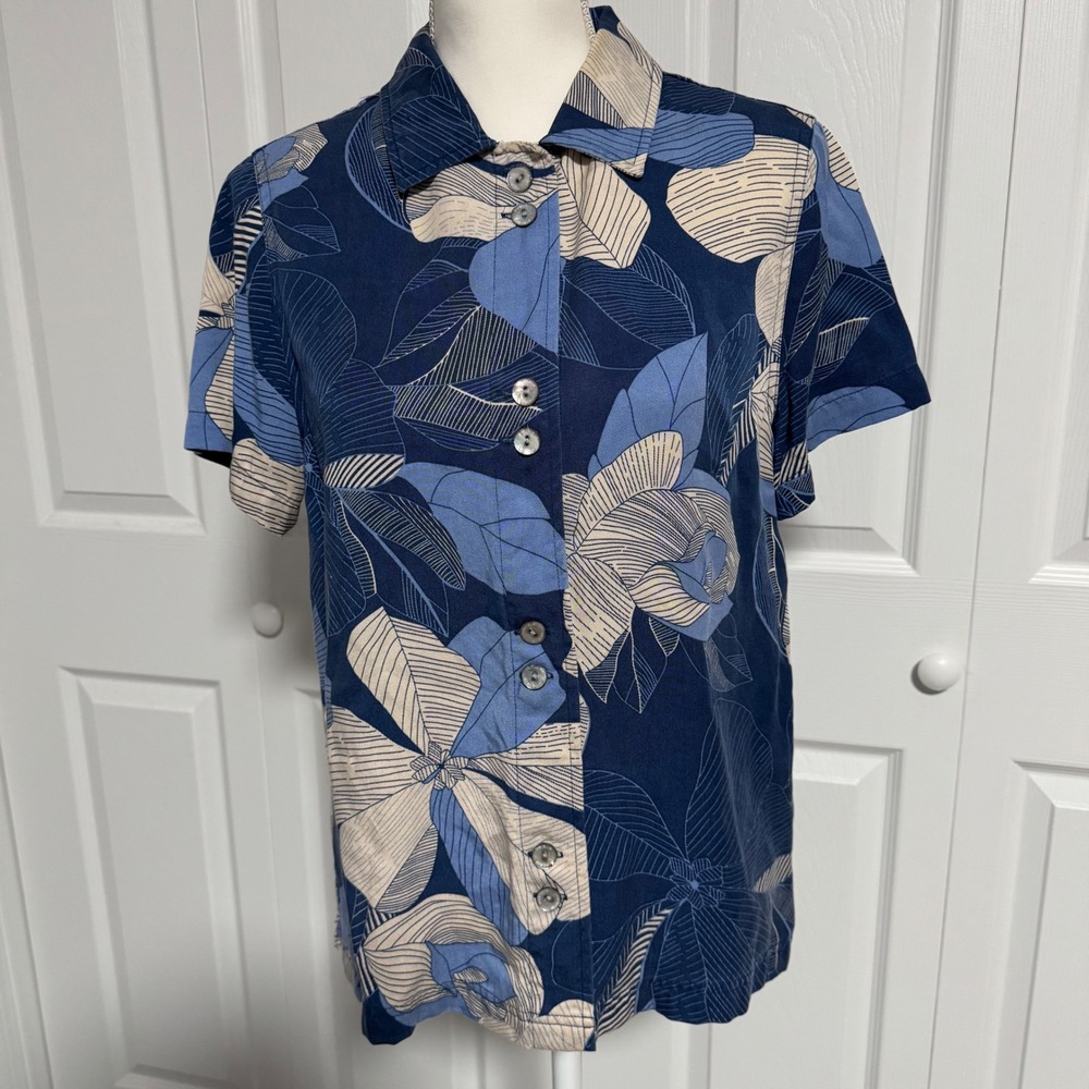 Y2K Valerie Stevens Petite Blue Floral Tencel Button Down Shirt PM Short Sleeve